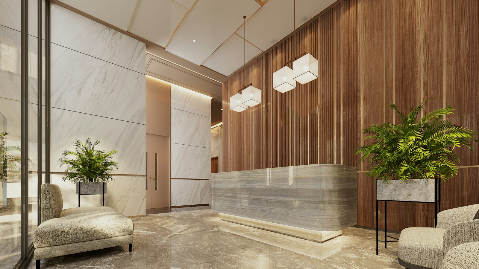 Lichte hotellobby met receptie